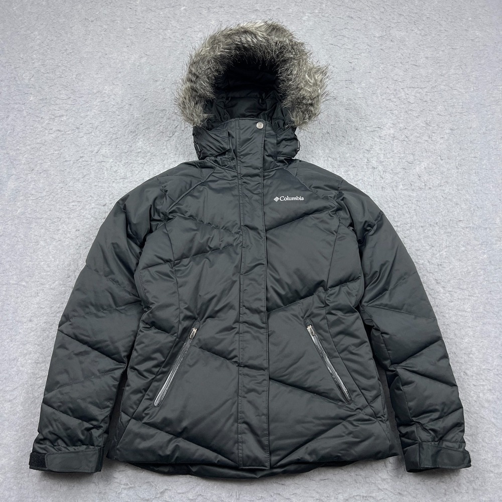 Columbia Coat Womens Small Black Lay D Down Full Zip Up Hooded Puffer Jacket Fur